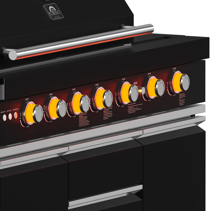Forno All’Aperto 87,600 BTU Outdoor Kitchen, 4 Burners, Infrared Burners, Side Burner, Black Sintered Stone Countertops, Gas Pizza Oven, Sink Module, Bar &amp; Beverage Center