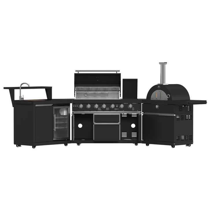 Forno All’Aperto 87,600 BTU Outdoor Kitchen, 4 Burners, Infrared Burners, Side Burner, Black Sintered Stone Countertops, Gas Pizza Oven, Sink Module, Bar &amp; Beverage Center