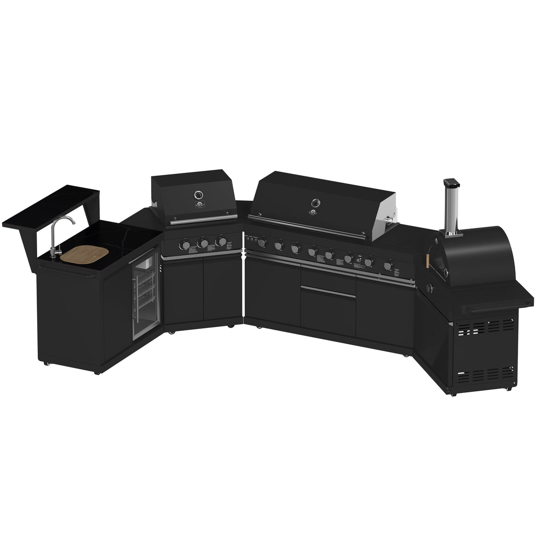 Forno All’Aperto 99,600 BTU Outdoor Kitchen, 5 Burners, Infrared Burners, Side Burner, Black Sintered Stone Countertops, Gas Pizza Oven, Sink Module, Bar &amp; Beverage Center