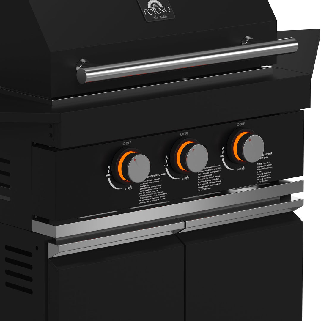 Forno All’Aperto 99,600 BTU Outdoor Kitchen, 5 Burners, Infrared Burners, Side Burner, Black Sintered Stone Countertops, Gas Pizza Oven, Sink Module, Bar &amp; Beverage Center