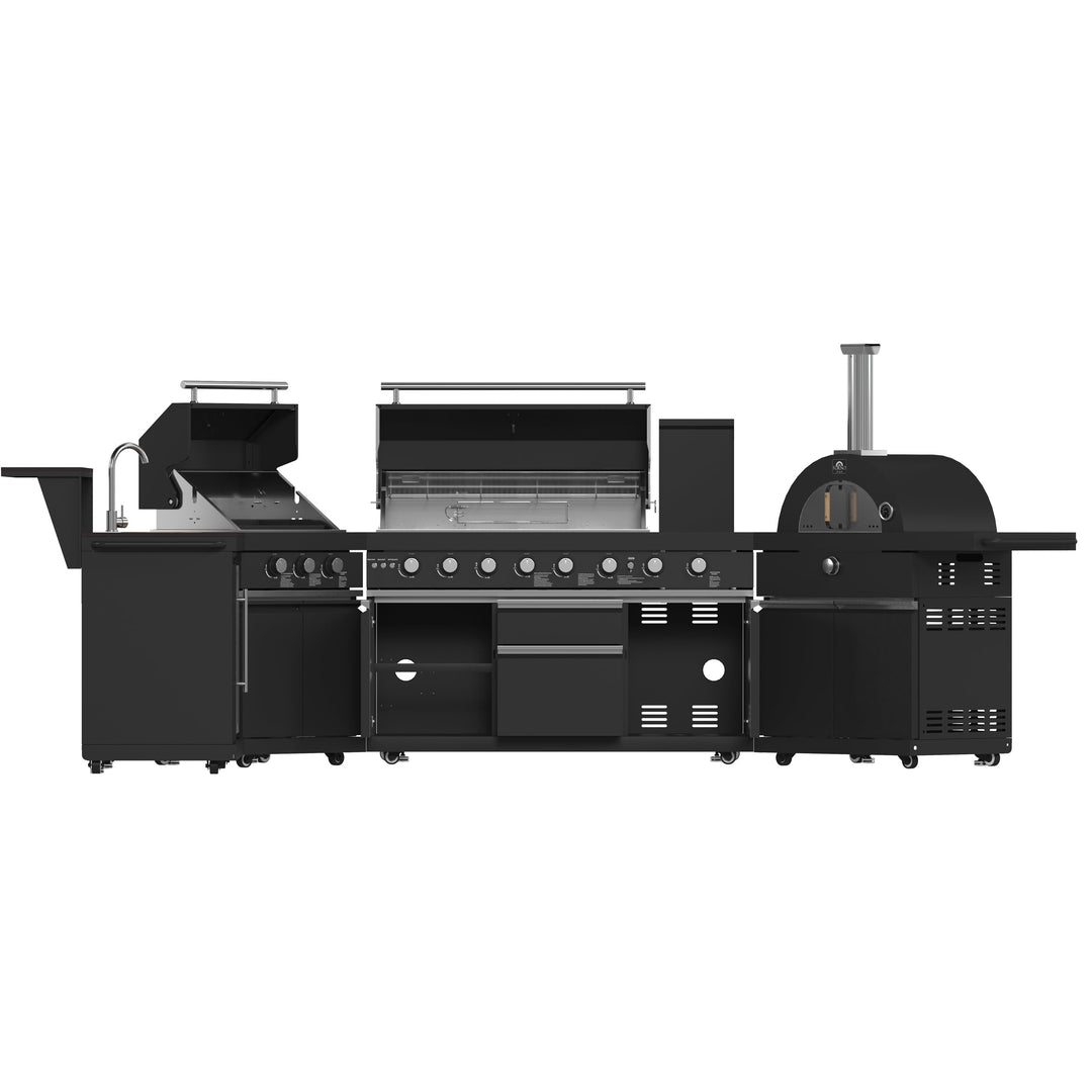 Forno All’Aperto 99,600 BTU Outdoor Kitchen, 5 Burners, Infrared Burners, Side Burner, Black Sintered Stone Countertops, Gas Pizza Oven, Sink Module, Bar &amp; Beverage Center
