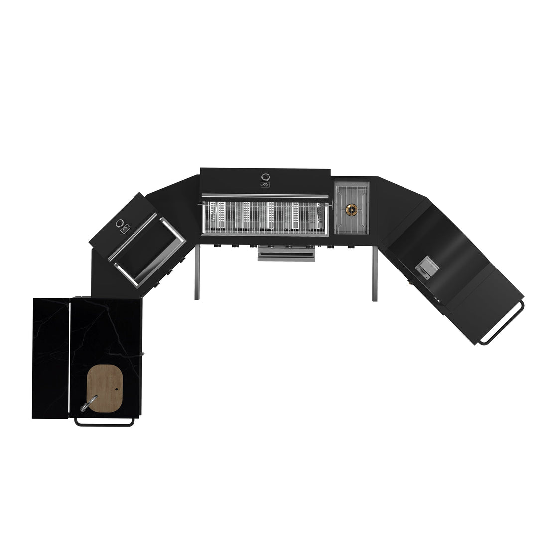 Forno All’Aperto 99,600 BTU Outdoor Kitchen, 5 Burners, Infrared Burners, Side Burner, Black Sintered Stone Countertops, Gas Pizza Oven, Sink Module, Bar &amp; Beverage Center