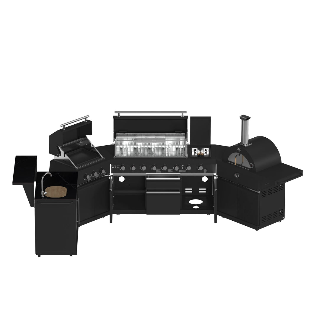 Forno All’Aperto 99,600 BTU Outdoor Kitchen, 5 Burners, Infrared Burners, Side Burner, Black Sintered Stone Countertops, Gas Pizza Oven, Sink Module, Bar &amp; Beverage Center