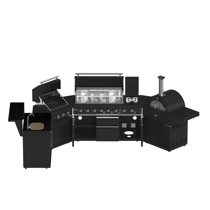 Forno All’Aperto 99,600 BTU Outdoor Kitchen, 5 Burners, Infrared Burners, Side Burner, Black Sintered Stone Countertops, Gas Pizza Oven, Sink Module, Bar &amp; Beverage Center