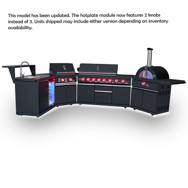Forno All’Aperto 99,600 BTU Outdoor Kitchen, 5 Burners, Infrared Burners, Side Burner, Black Sintered Stone Countertops, Gas Pizza Oven, Sink Module, Bar &amp; Beverage Center