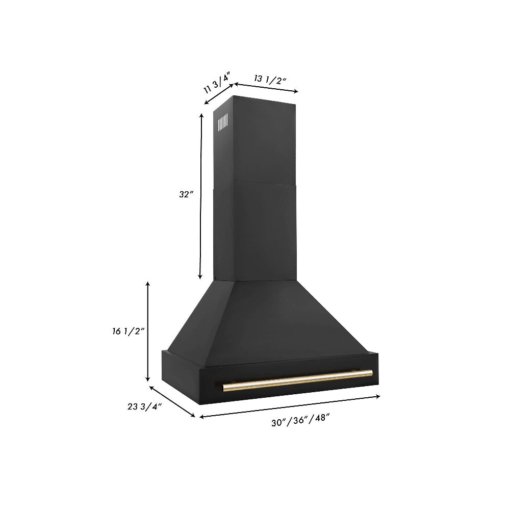 ZLINE Autograph Edition 30 in. Kitchen Package with Black Stainless Steel Dual Fuel Range, Range Hood, Dishwasher, and Refrigerator with External Water Dispenser with Polished Gold Accents (4AKPR-RABRHDWV30-G)