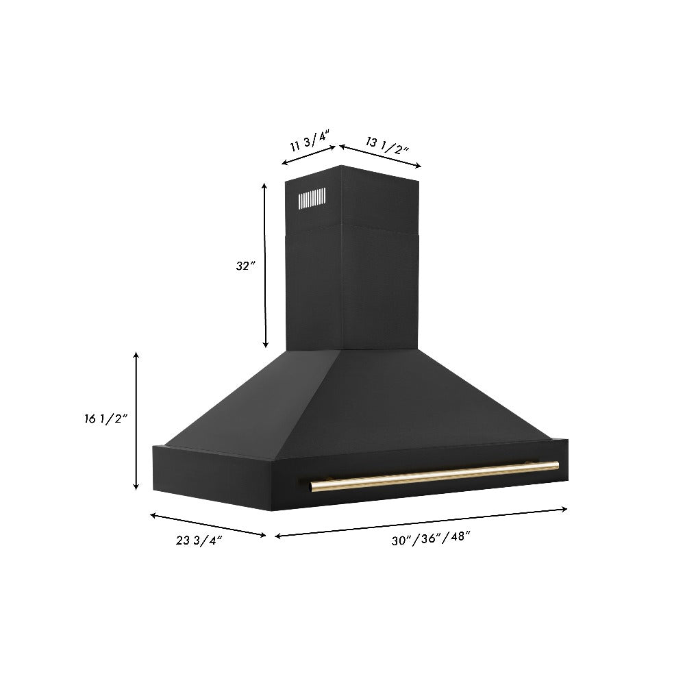 ZLINE Autograph Edition 48 in. Kitchen Package with Black Stainless Steel Dual Fuel Range, Range Hood, Dishwasher and Refrigerator Including External Water Dispenser with Polished Gold Accents (4AKPR-RABRHDWV48-G)