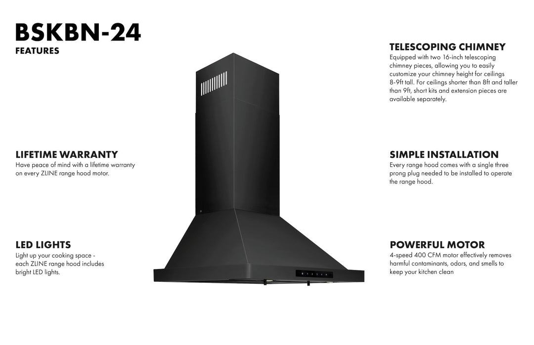 ZLINE 24 in. Convertible Vent Wall Mount Range Hood in Black Stainless Steel, BSKBN-24