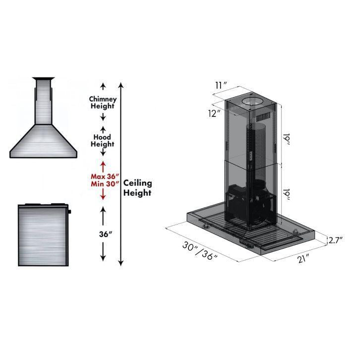 ZLINE 30 In. Convertible Island Mount Range Hood in Black Stainless Steel, BSKE2iN-30