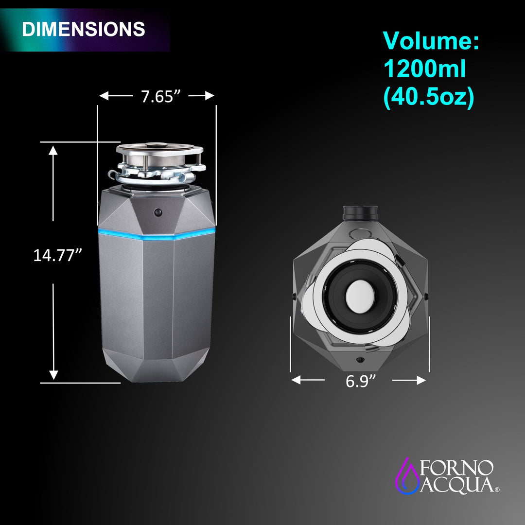 FORNO ACQUA BrightDIAMOND Black Onyx 1HP Super Quiet Garbage Disposal Corded with Motion Sensor Cabinet Light &amp; Pre-Wired Air Switch