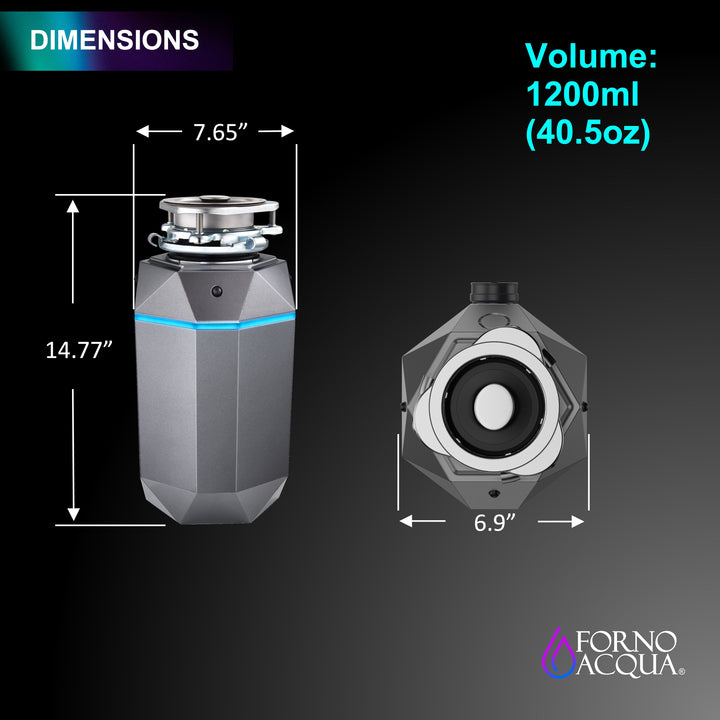 FORNO ACQUA BrightDIAMOND Black Onyx 3/4HP Super Quiet Garbage Disposal Corded with Motion Sensor Cabinet Light &amp; Pre-Wired Air Switch