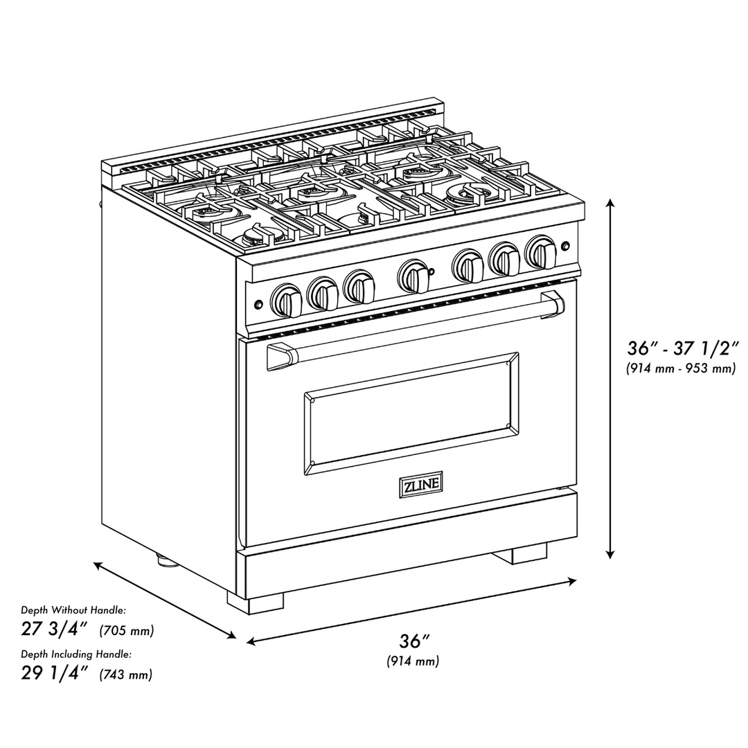 ZLINE Autograph 36" 5.2 cu. ft. Classic Gas Range with 6 Burners in DuraSnow® Stainless Steel and Champagne Bronze Accents, CGRSZ-36-CB