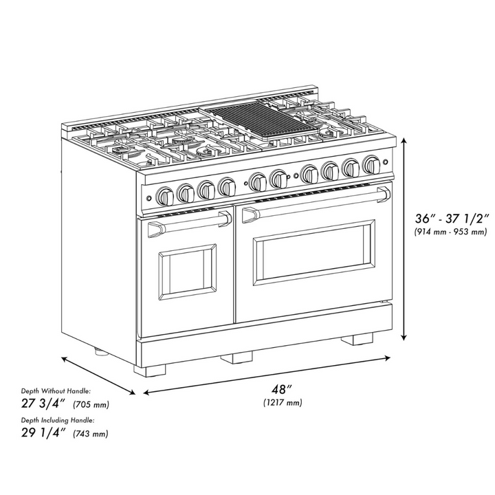 ZLINE Autograph 48" 6.7 cu. ft. Classic Double Oven Gas Range with 8 Burners in DuraSnow® Stainless Steel and Champagne Bronze Accents, CGRSZ-48-CB