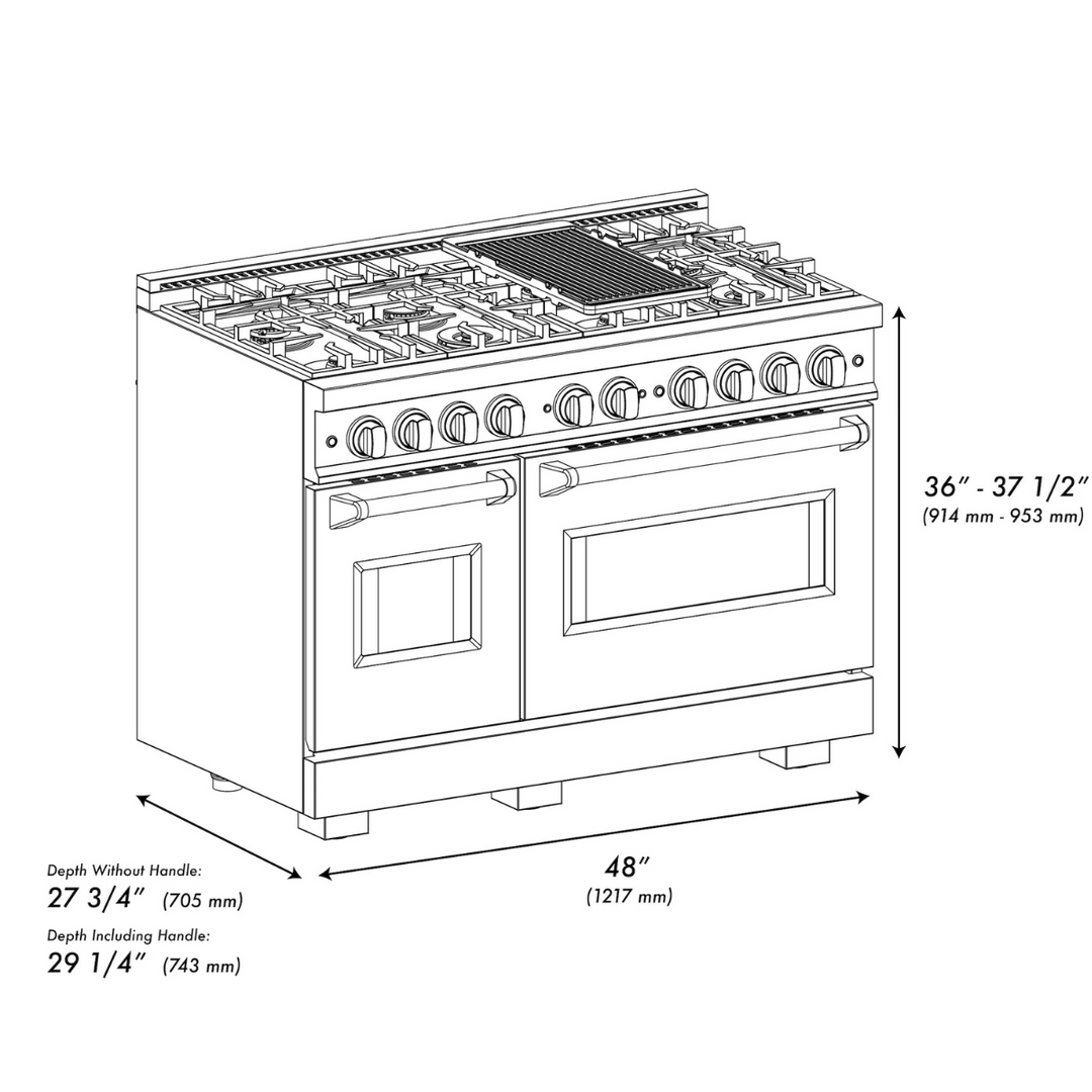 ZLINE Autograph 48" 6.7 cu. ft. Classic Double Oven Gas Range with 8 Burners in DuraSnow® Stainless Steel and Polished Gold Accents, CGRSZ-48-G