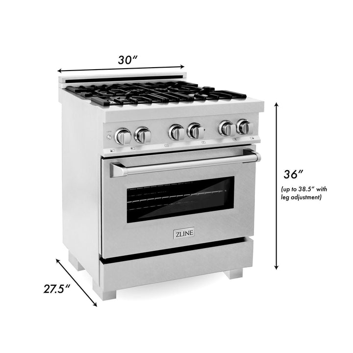 ZLINE 30 in. Kitchen Appliance Package with DuraSnow® Stainless Dual Fuel Range, Ducted Vent Range Hood and Tall Tub Dishwasher, 3KP-RASRH30-DWV