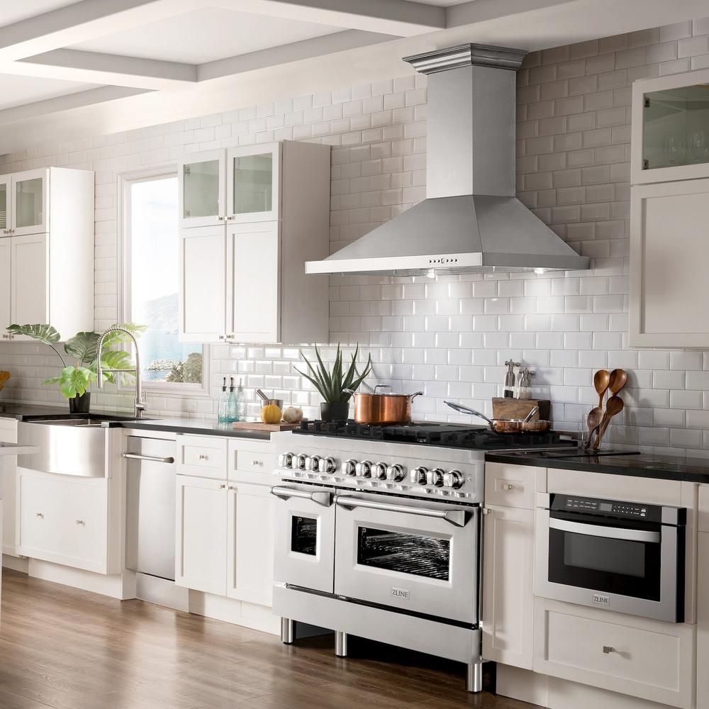 ZLINE Kitchen Package with Refrigerator, 48 in. Stainless Steel Dual Fuel Range, 48 in. Convertible Vent Range Hood, 24 in. Microwave Drawer, and 24 in. Tall Tub Dishwasher (5KPR-RARH48-MWDWV)