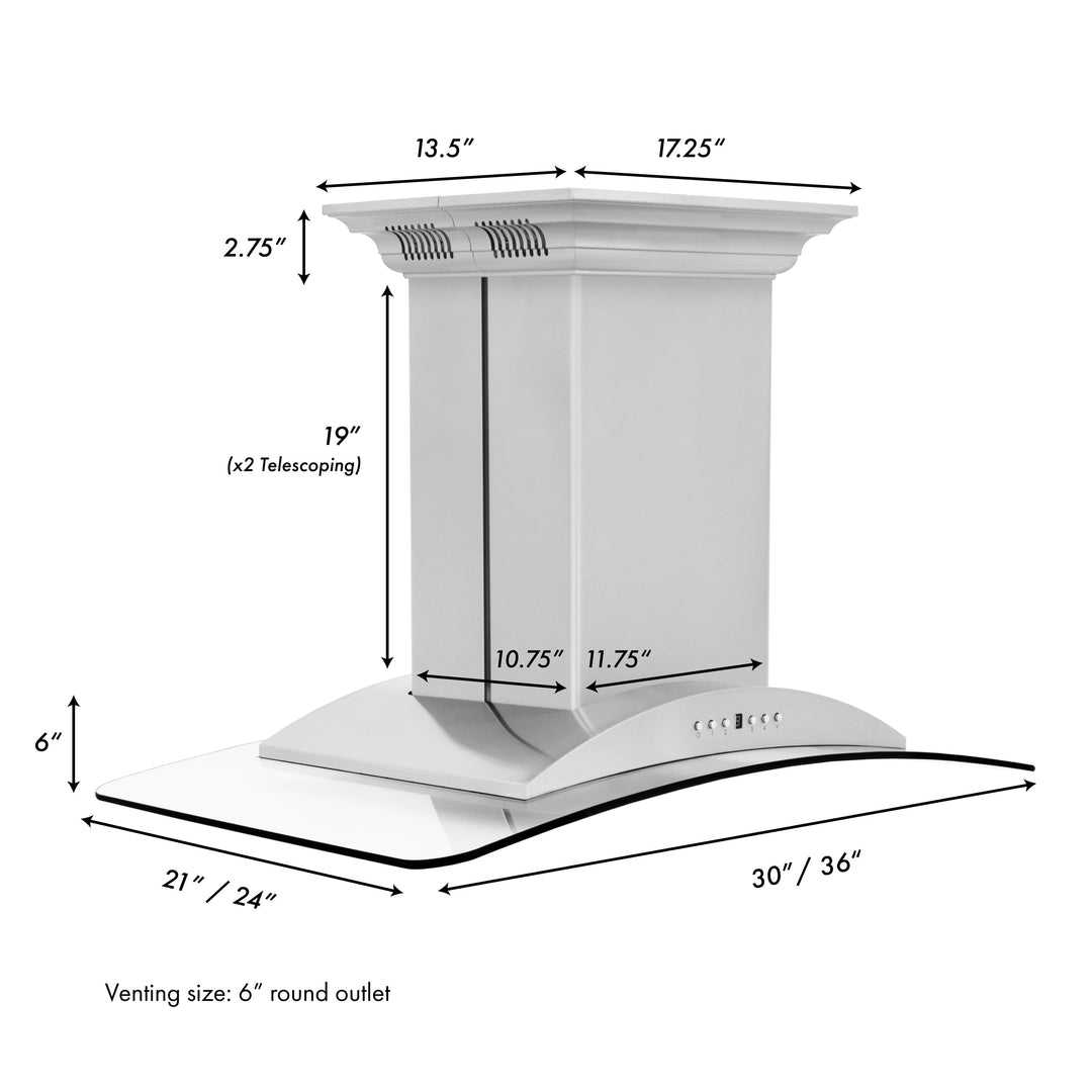 ZLINE 30" CrownSound Island Mount Range Hood in Stainless Steel with Built-in Speakers, GL9iCRN-BT-30