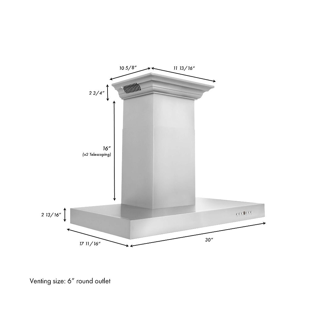 30" ZLINE CrownSound™Ducted Vent Wall Mount Range Hood in Stainless Steel with Built-in Bluetooth Speakers (KECRN-BT-30)