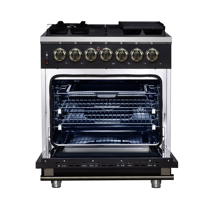 Forno Massimo 30-Inch Freestanding Dual Fuel Range in Black with Antique Brass Accessories, 4 Burners, 4.32 cu. ft. Convection Oven