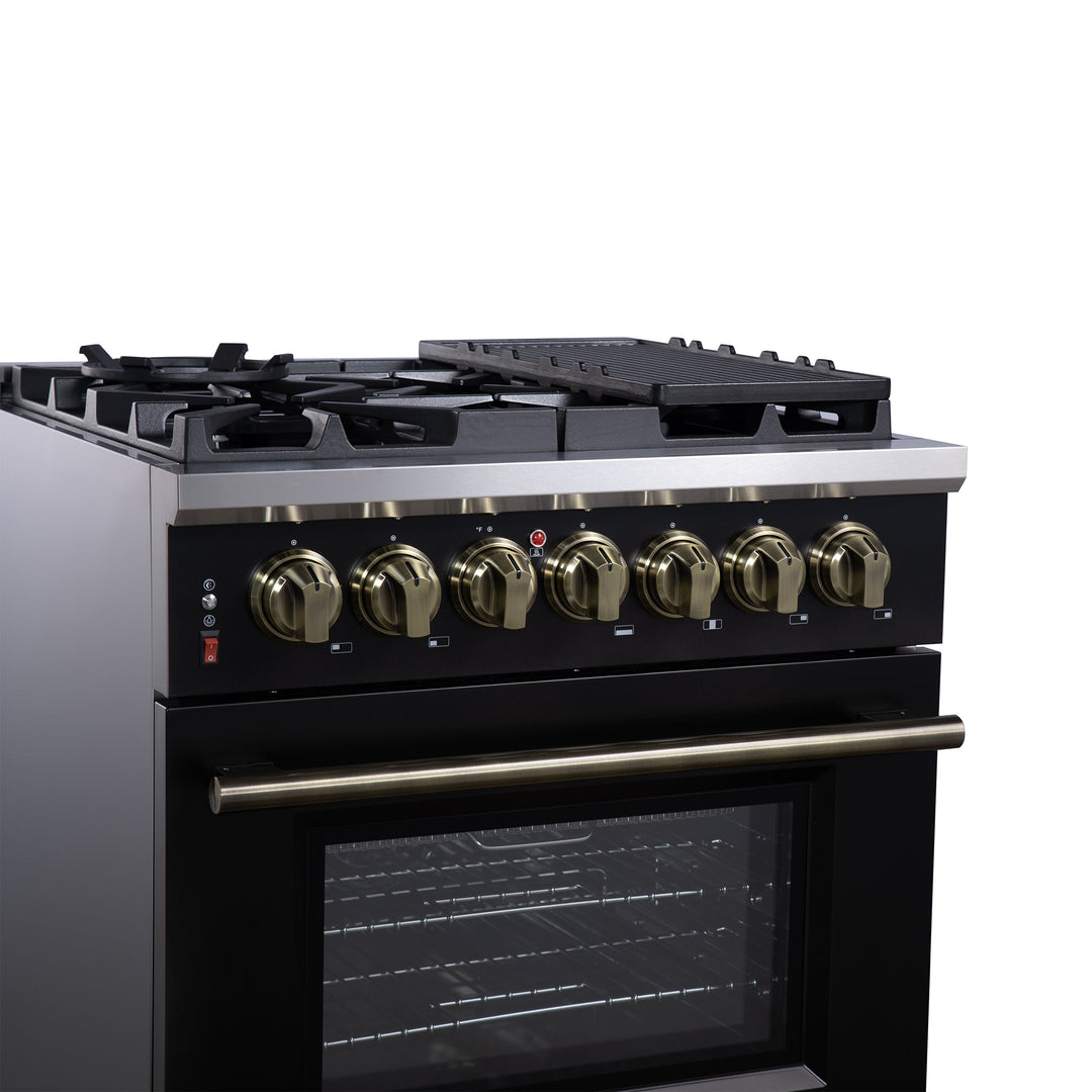 Forno Massimo 30-Inch Freestanding Dual Fuel Range in Black with Antique Brass Accessories, 4 Burners, 4.32 cu. ft. Convection Oven