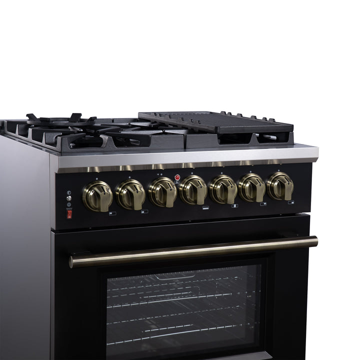 Forno Massimo 30-Inch Freestanding Dual Fuel Range in Black with Antique Brass Accessories, 4 Burners, 4.32 cu. ft. Convection Oven