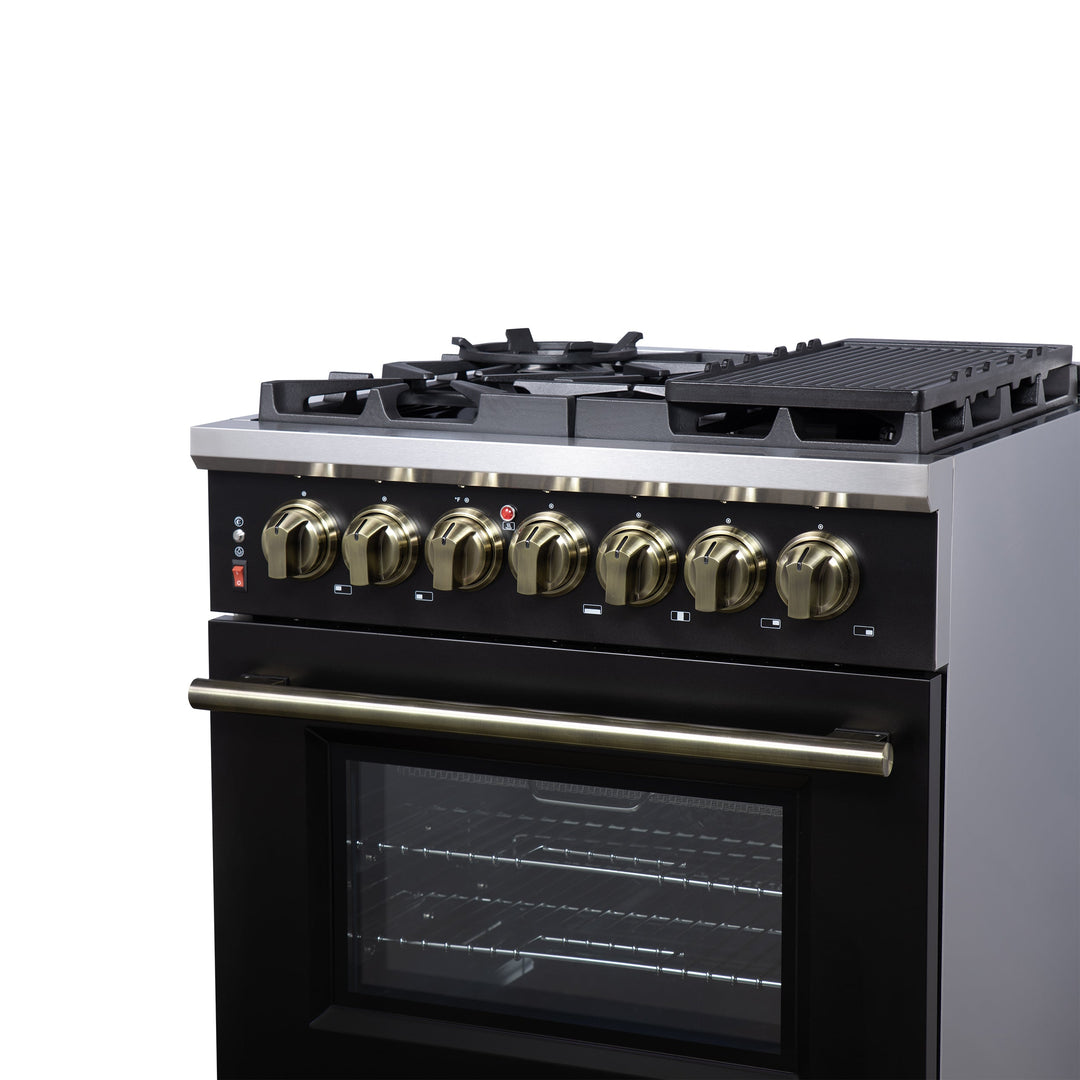 Forno Massimo 30-Inch Freestanding Dual Fuel Range in Black with Antique Brass Accessories, 4 Burners, 4.32 cu. ft. Convection Oven