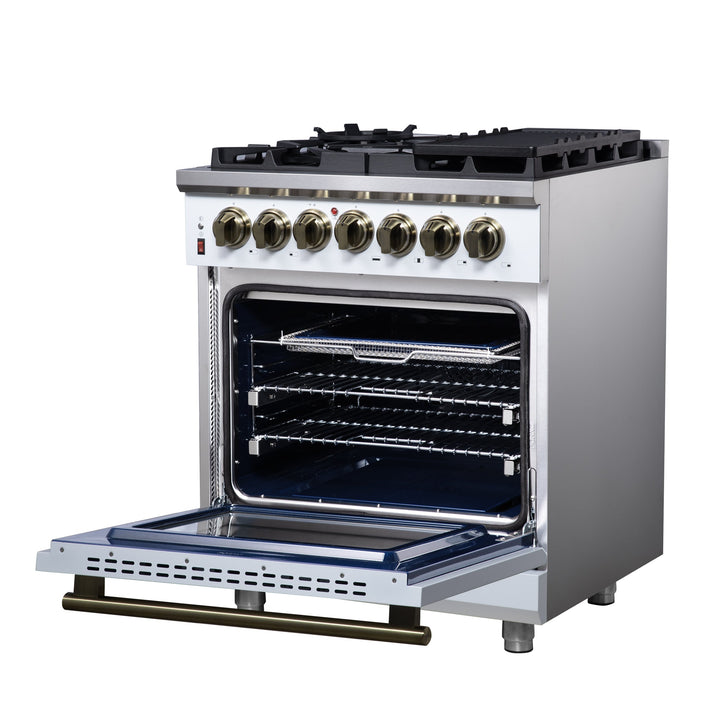 Forno Massimo 30-Inch Freestanding Dual Fuel Range in White with Antique Brass Accessories, 4 Burners, 4.32 cu. ft. Convection Oven