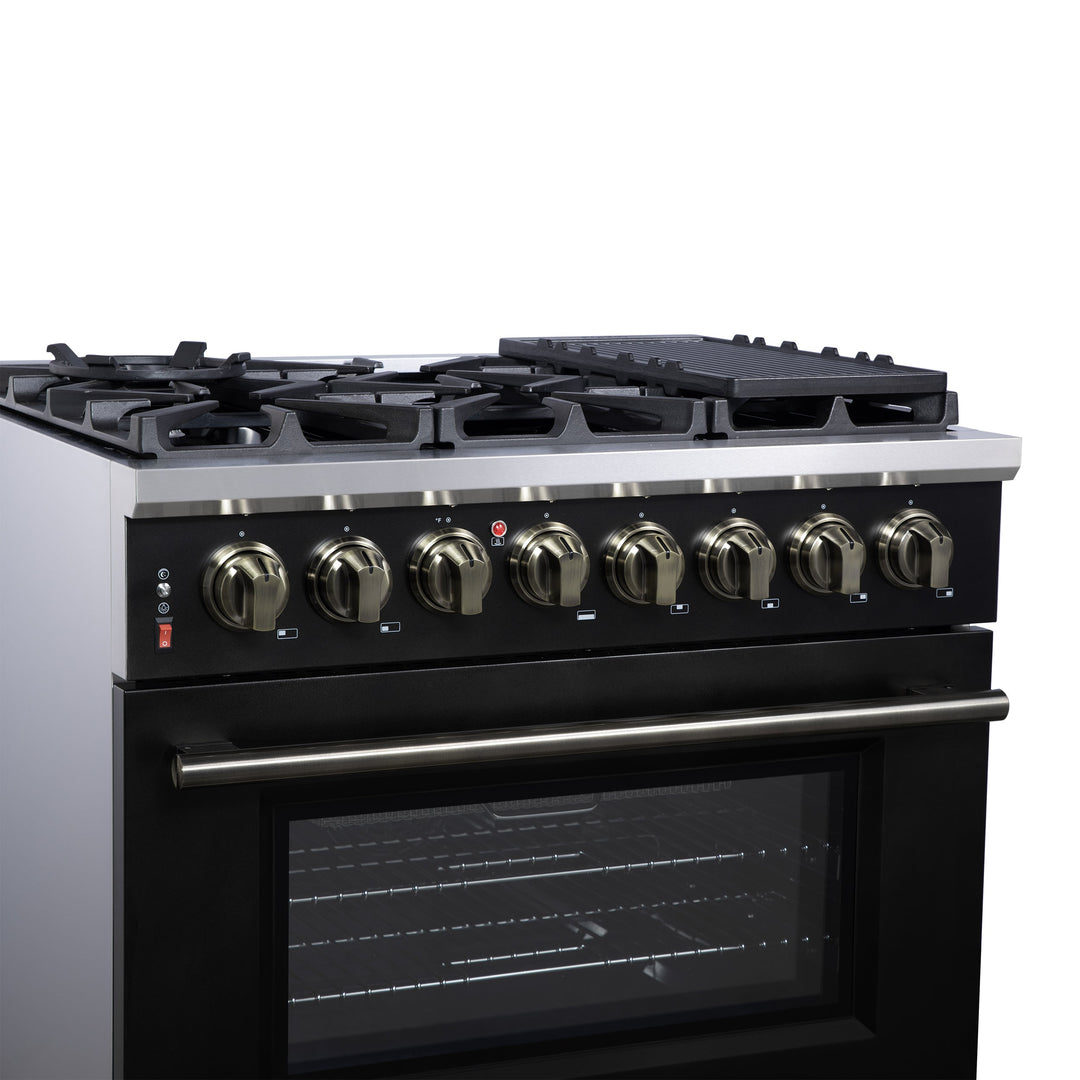 Forno Massimo 36 Inch Freestanding Dual Fuel Range in Black with Antique Brass Accessories, 6 Burners, 5.36 cu. ft. Convection Oven
