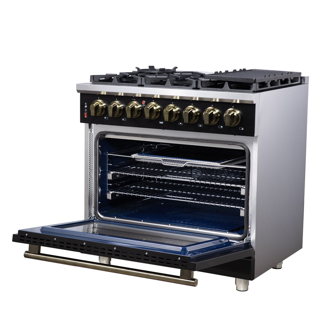 Forno Massimo 36 Inch Freestanding Dual Fuel Range in Black with Antique Brass Accessories, 6 Burners, 5.36 cu. ft. Convection Oven