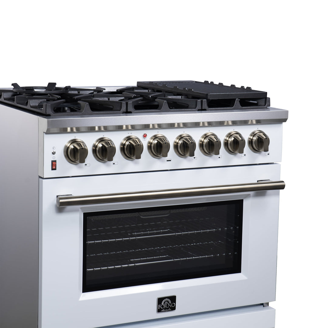Forno Massimo 36 Inch Freestanding Dual Fuel Range in White with Antique Brass Accessories, 6 Burners, 5.36 cu. ft. Convection Oven