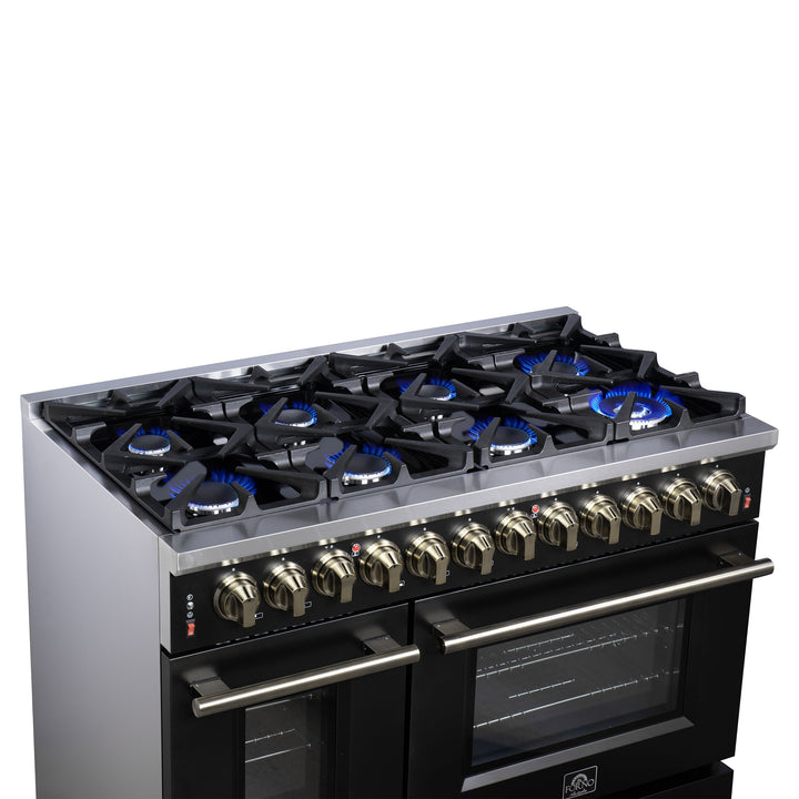 Forno Massimo 48 Inch Freestanding Dual Fuel Range in Black with Antique Brass Accessories, 8 Burners, 6.58 cu. ft. Convection Oven