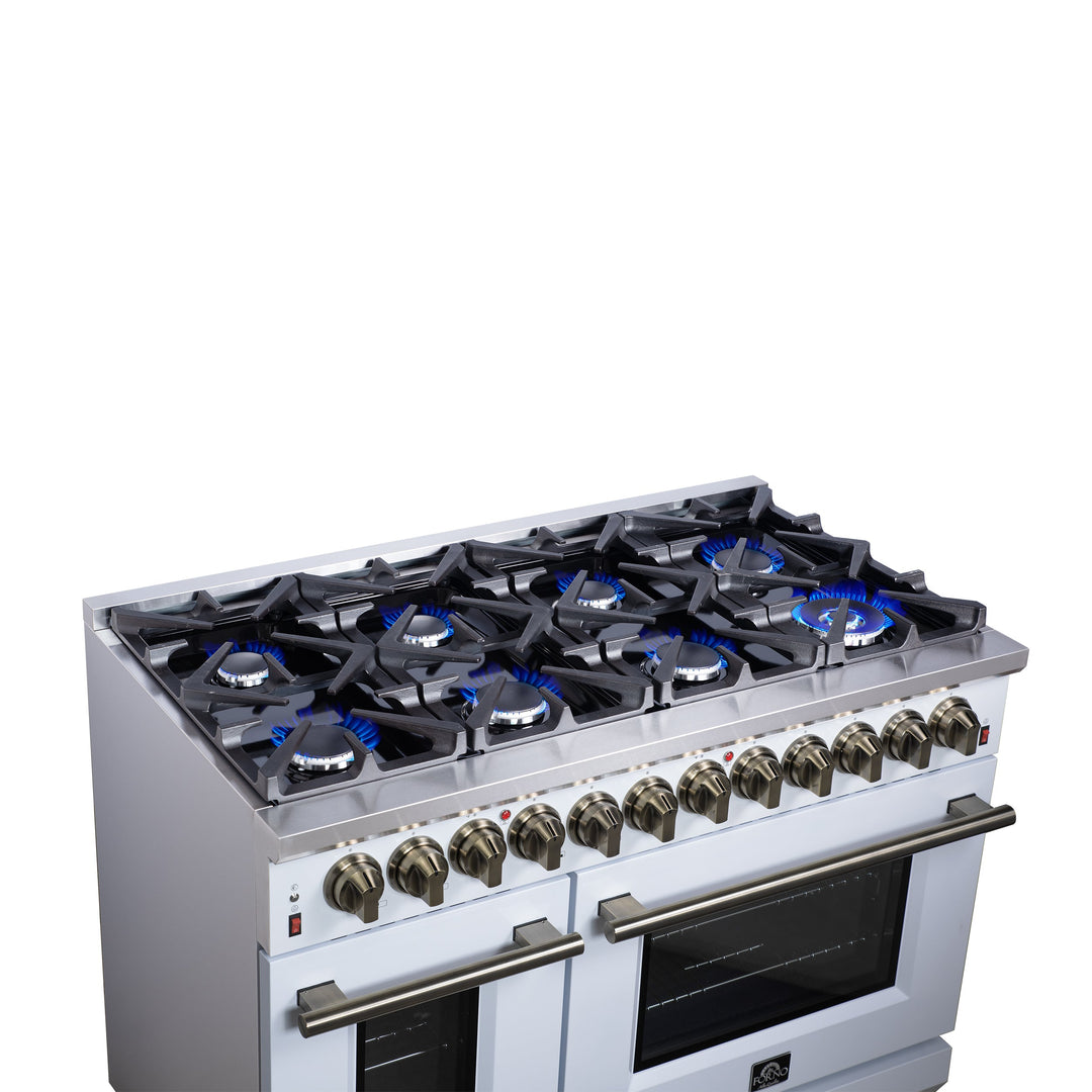 Forno Massimo 48 Inch Freestanding Dual Fuel Range in White with Antique Brass Accessories, 8 Burners, 6.58 cu. ft. Convection Oven