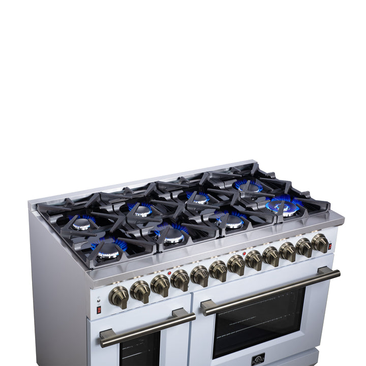 Forno Massimo 48 Inch Freestanding Dual Fuel Range in White with Antique Brass Accessories, 8 Burners, 6.58 cu. ft. Convection Oven