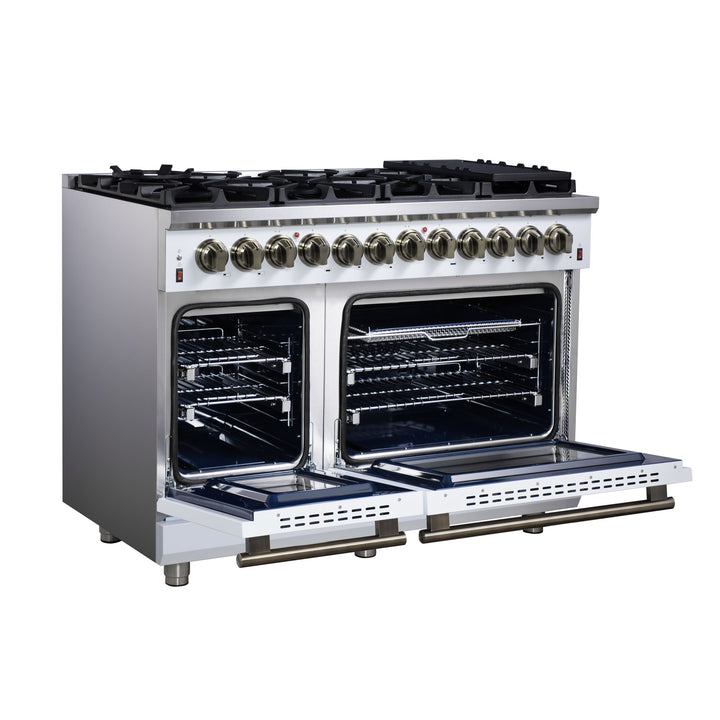 Forno Massimo 48 Inch Freestanding Dual Fuel Range in White with Antique Brass Accessories, 8 Burners, 6.58 cu. ft. Convection Oven