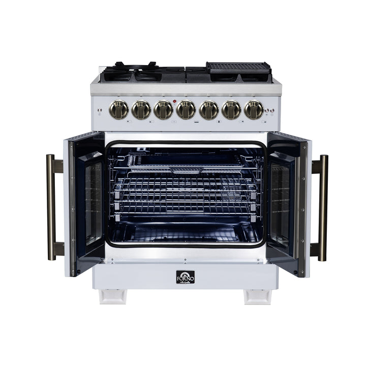 Forno Capriasca 30-Inch Freestanding French Door Dual Fuel Range in White with Antique Brass Accessories, 5 Burners, True Convection Oven