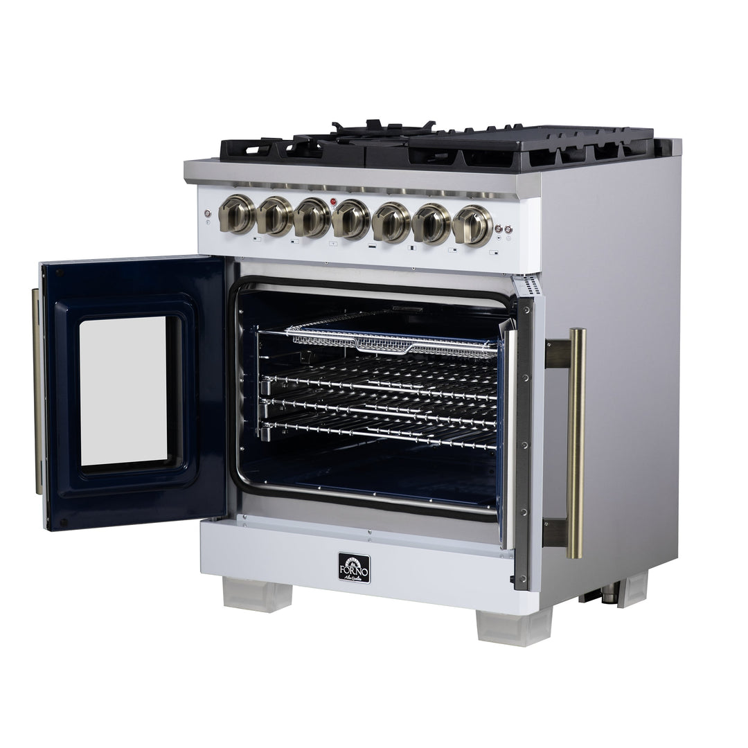 Forno Capriasca 30-Inch Freestanding French Door Dual Fuel Range in White with Antique Brass Accessories, 5 Burners, True Convection Oven