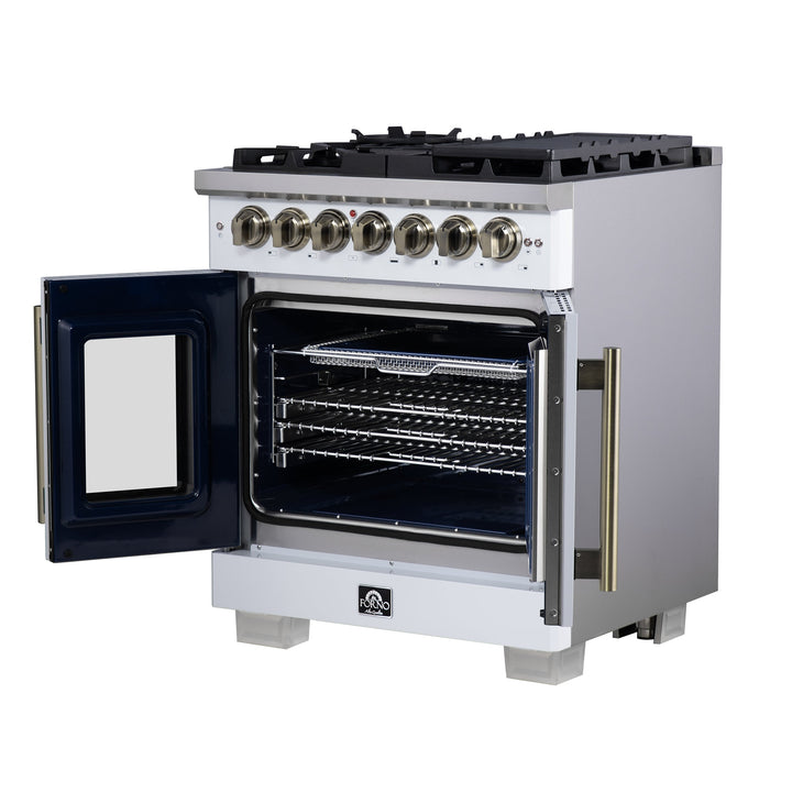 Forno Capriasca 30-Inch Freestanding French Door Dual Fuel Range in White with Antique Brass Accessories, 5 Burners, True Convection Oven