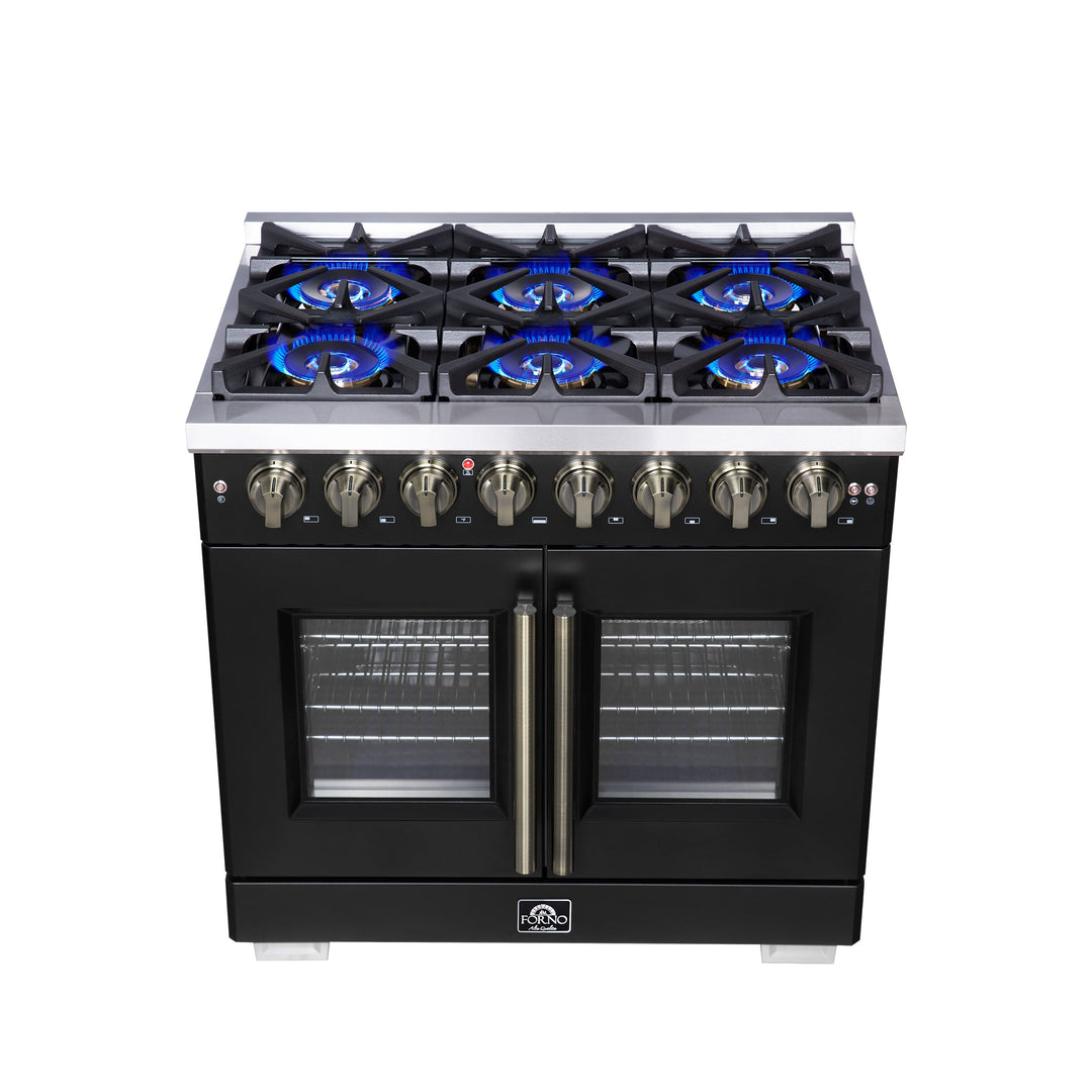 Forno Capriasca 36 Inch Freestanding French Door Dual Fuel Range in Black with Antique Brass Accessories, 6 Burners, True Convection Oven