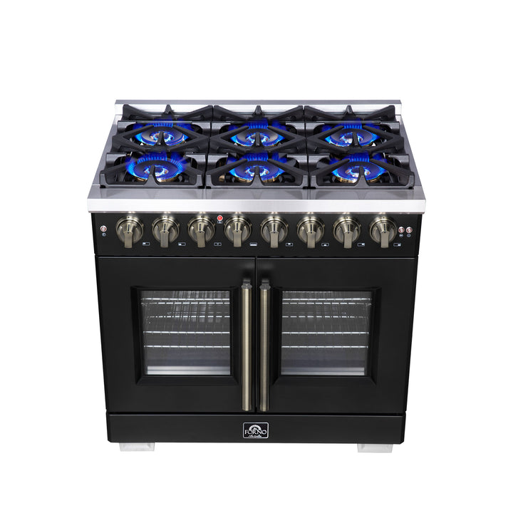Forno Capriasca 36 Inch Freestanding French Door Dual Fuel Range in Black with Antique Brass Accessories, 6 Burners, True Convection Oven