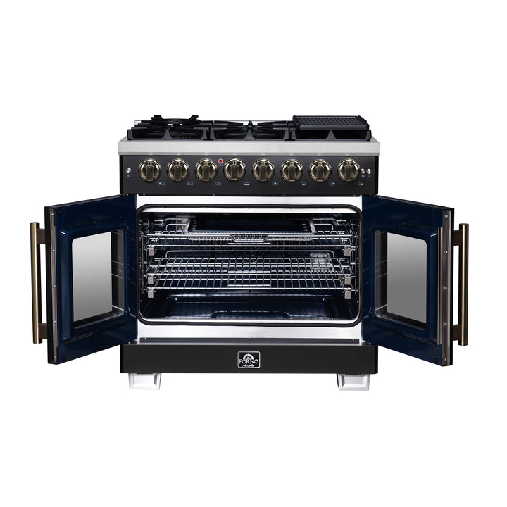 Forno Capriasca 36 Inch Freestanding French Door Dual Fuel Range in Black with Antique Brass Accessories, 6 Burners, True Convection Oven