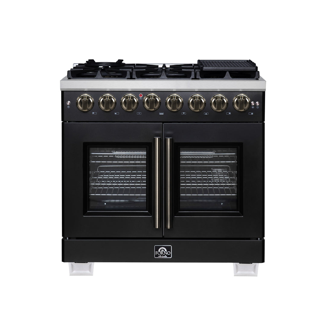 Forno Capriasca 36 Inch Freestanding French Door Dual Fuel Range in Black with Antique Brass Accessories, 6 Burners, True Convection Oven