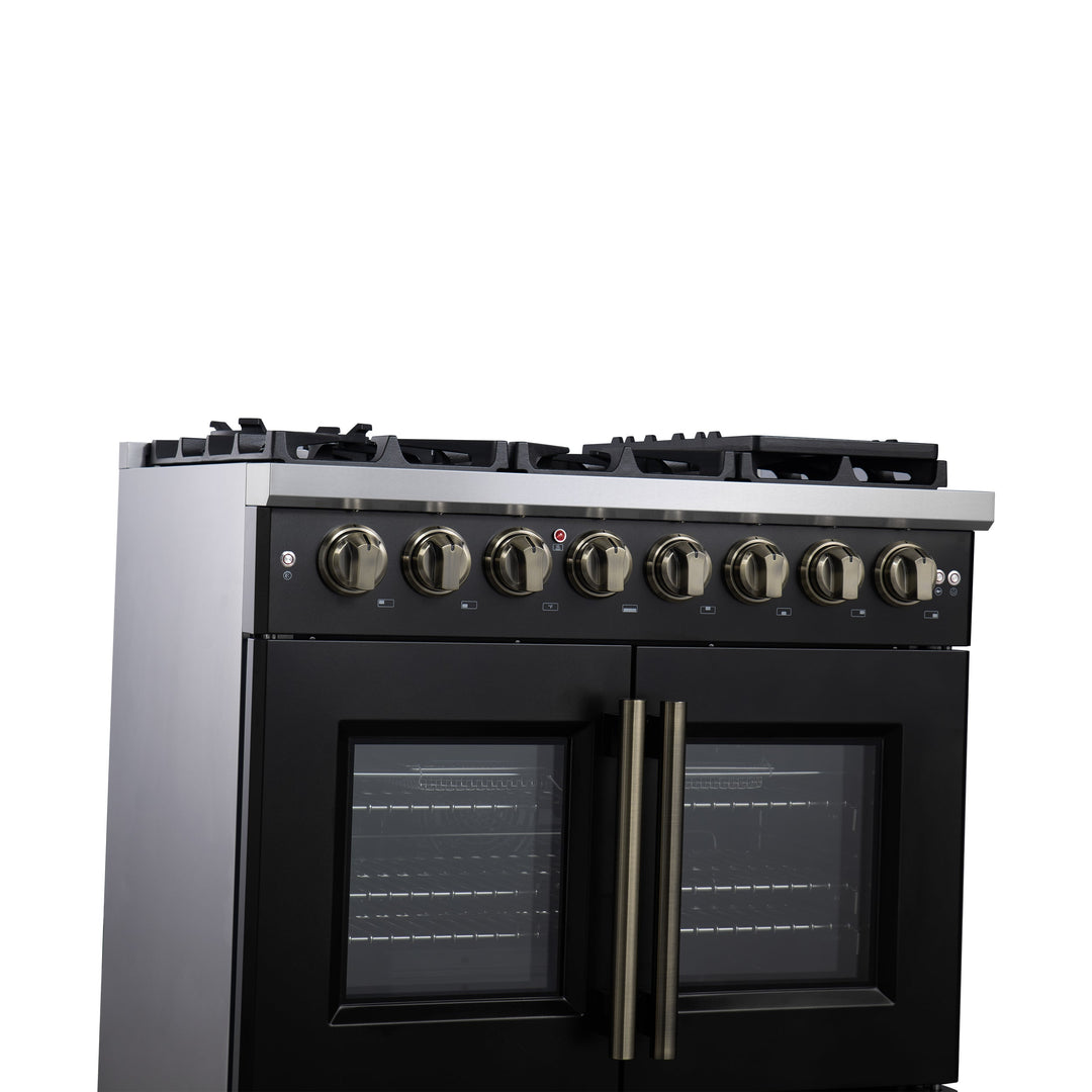 Forno Capriasca 36 Inch Freestanding French Door Dual Fuel Range in Black with Antique Brass Accessories, 6 Burners, True Convection Oven