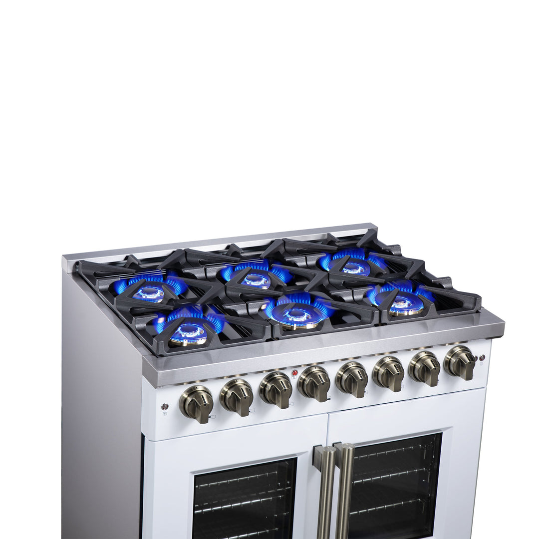 Forno Capriasca 36 Inch Freestanding French Door Dual Fuel Range in White with Antique Brass Accessories, 6 Burners, True Convection Oven