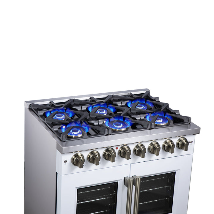 Forno Capriasca 36 Inch Freestanding French Door Dual Fuel Range in White with Antique Brass Accessories, 6 Burners, True Convection Oven