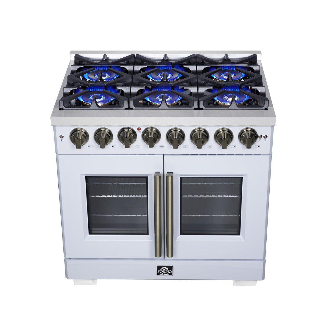 Forno Capriasca 36 Inch Freestanding French Door Dual Fuel Range in White with Antique Brass Accessories, 6 Burners, True Convection Oven