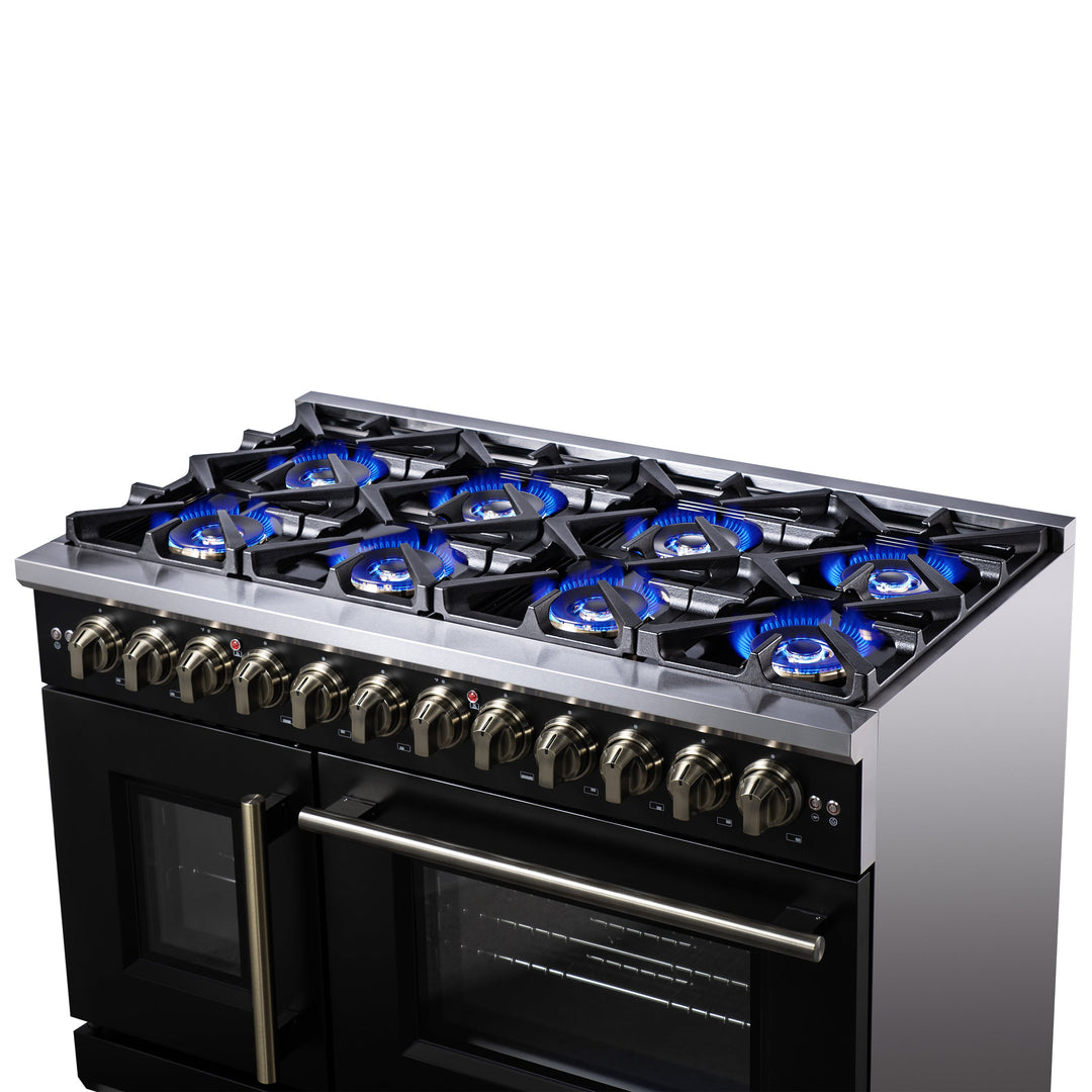 Forno Capriasca 48 Inch Freestanding French Door Dual Fuel Range in Black with Antique Brass Accessories, 8 Burners, True Convection Oven