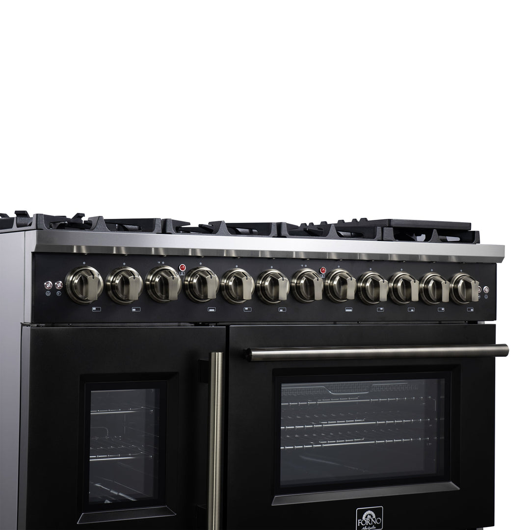 Forno Capriasca 48 Inch Freestanding French Door Dual Fuel Range in Black with Antique Brass Accessories, 8 Burners, True Convection Oven