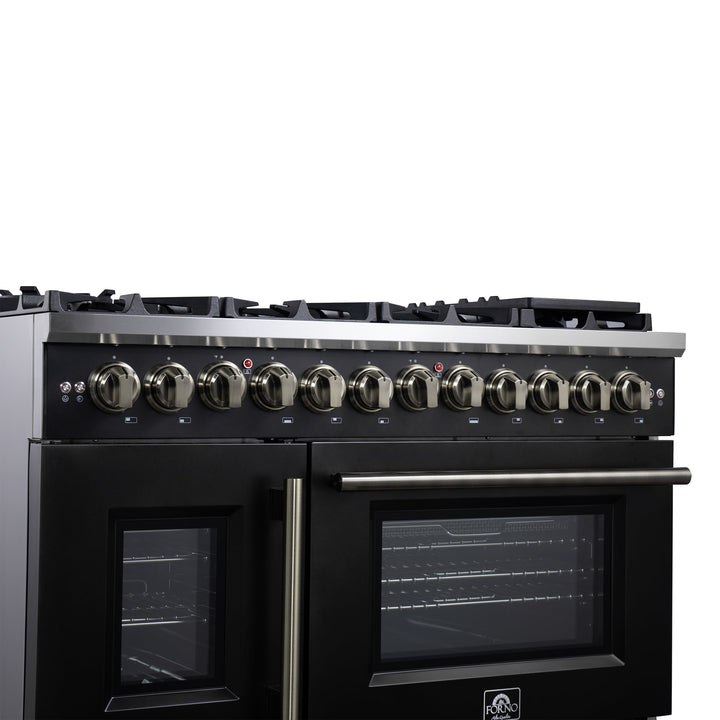 Forno Capriasca 48 Inch Freestanding French Door Dual Fuel Range in Black with Antique Brass Accessories, 8 Burners, True Convection Oven