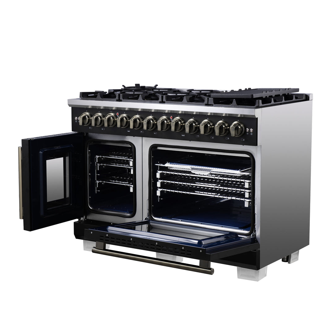 Forno Capriasca 48 Inch Freestanding French Door Dual Fuel Range in Black with Antique Brass Accessories, 8 Burners, True Convection Oven