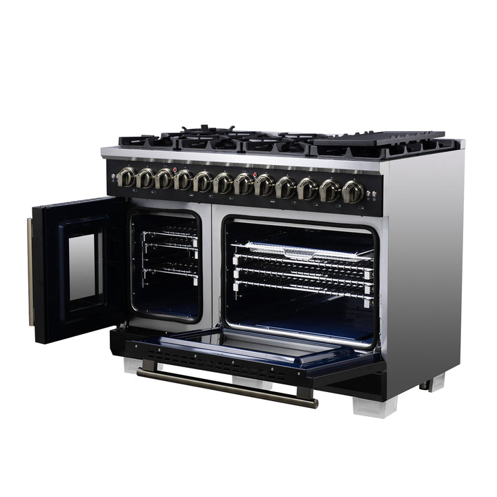 Forno Capriasca 48 Inch Freestanding French Door Dual Fuel Range in Black with Antique Brass Accessories, 8 Burners, True Convection Oven